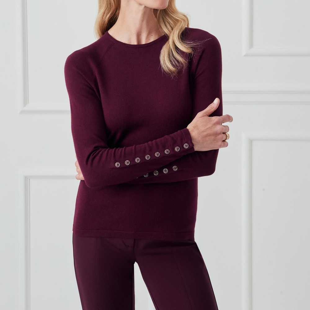 J.McLaughlin Jamey Sweater Crew Neck Button Trim Raglan Sleeve Purple Sz L NWT